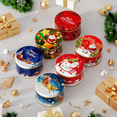 Round Christmas Tin Box for Candy and Chocolate Gifts