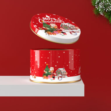 Round Christmas Tin Box for Candy and Chocolate Gifts